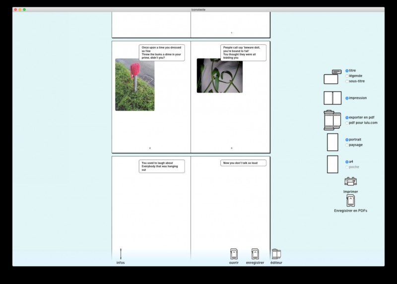 L’interface de publication permet à partir d’option simple à l’école ou par l’intermédiaire des plateformes d’impression à la demande de transformer son travail en un objet fini. Iconotexte - g.u.i.